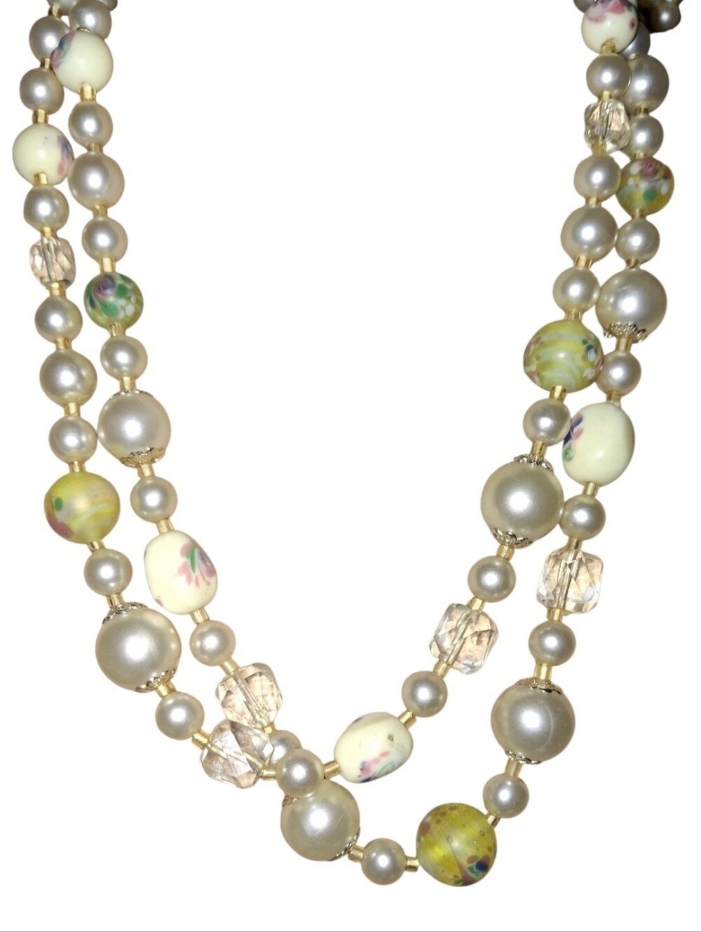 Japan Double Strand Frosted Goldtone Glass Faceted And Faux Pearl Necklace